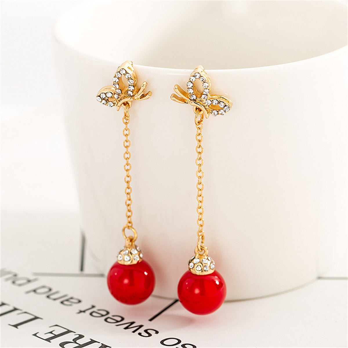 Red Resin and Cubic Zirconia 18K Gold-Plated Butterfly Ball Drop Earrings, gold drop earrings for women, side view