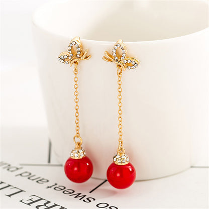 Red Resin and Cubic Zirconia 18K Gold-Plated Butterfly Ball Drop Earrings, gold drop earrings for women, side view