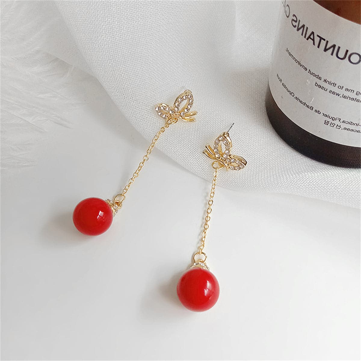 Red Resin and Cubic Zirconia 18K Gold-Plated Butterfly Ball Drop Earrings, gold drop earrings for women, front view