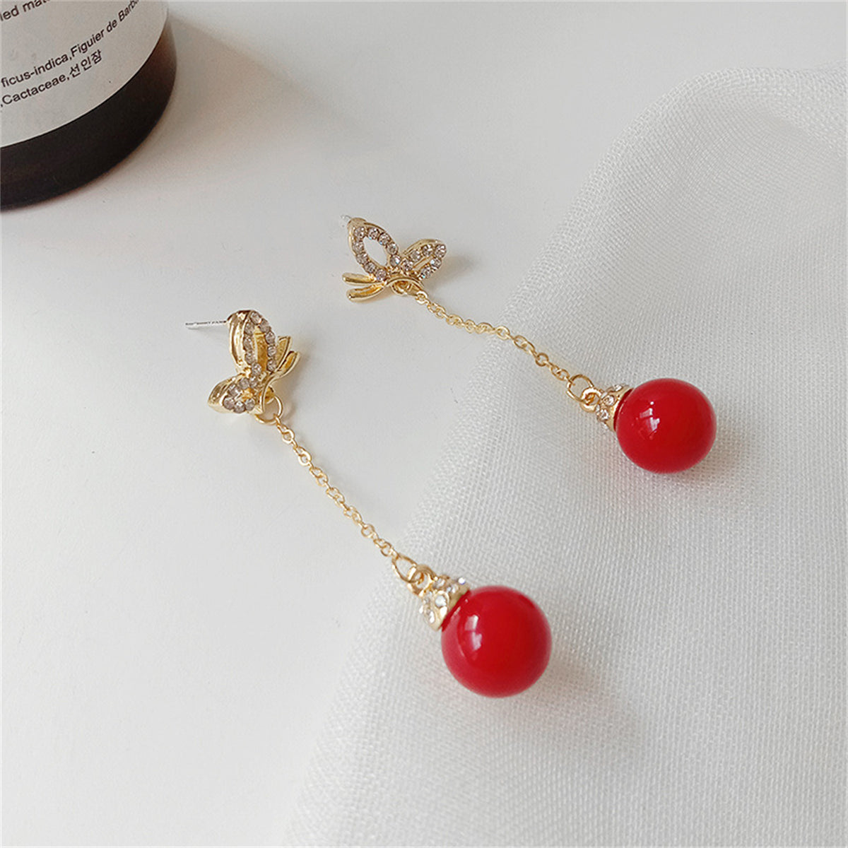 Red Resin and Cubic Zirconia 18K Gold-Plated Butterfly Ball Drop Earrings, gold drop earrings for women, lifestyle look