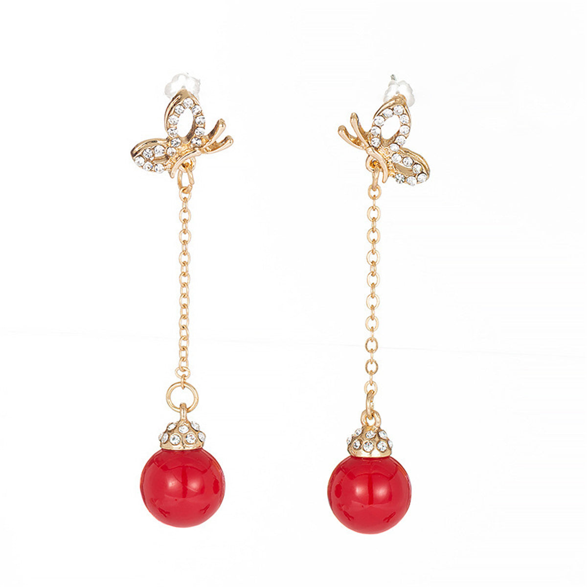 Red Resin and Cubic Zirconia 18K Gold-Plated Butterfly Ball Drop Earrings, gold drop earrings for women, styled look