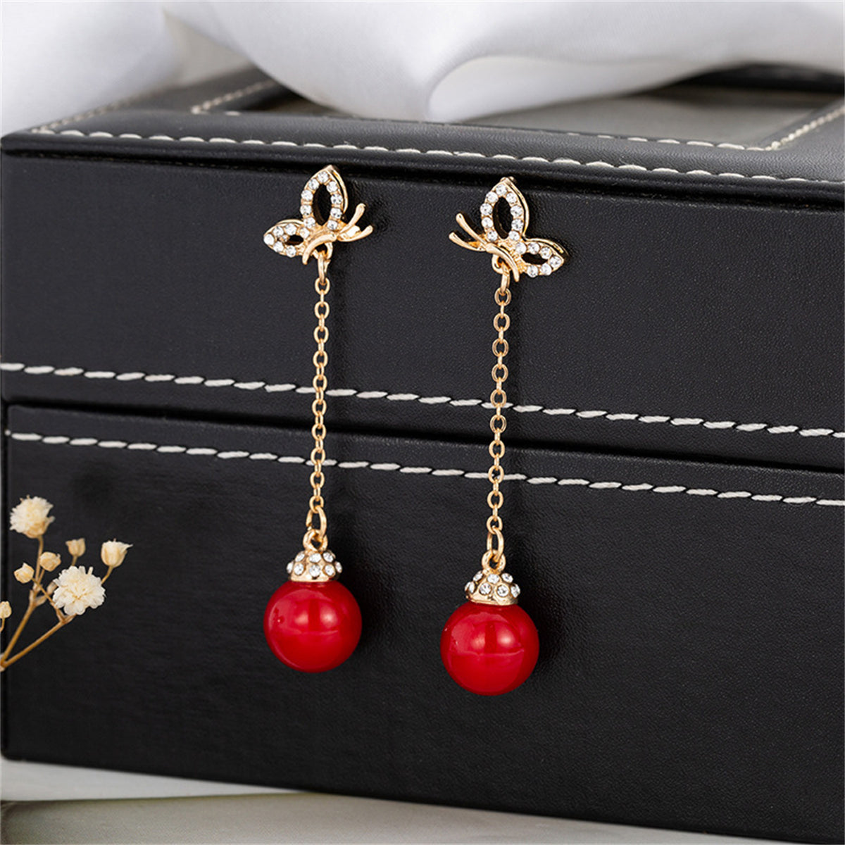Red Resin and Cubic Zirconia 18K Gold-Plated Butterfly Ball Drop Earrings, gold drop earrings for women, detail close-up