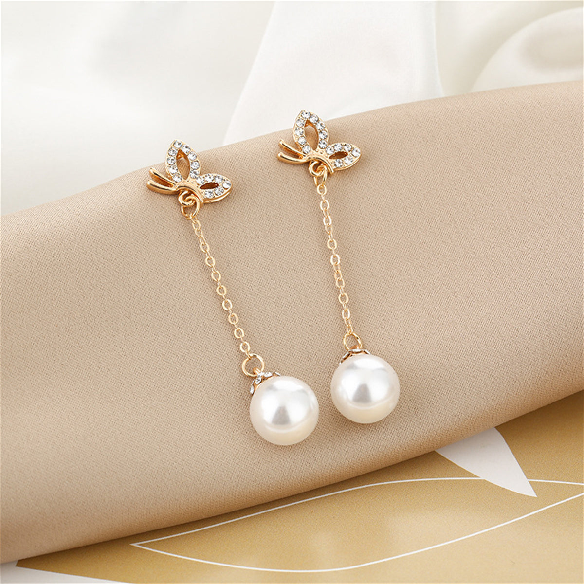Pearl and Cubic Zirconia 18K Gold-Plated Butterfly Ball Drop Earrings, gold drop earrings for women, front view