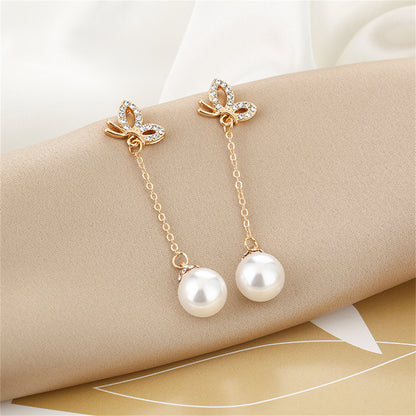 Pearl and Cubic Zirconia 18K Gold-Plated Butterfly Ball Drop Earrings, gold drop earrings for women, front view