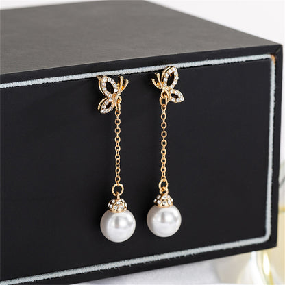 Pearl and Cubic Zirconia 18K Gold-Plated Butterfly Ball Drop Earrings, gold drop earrings for women, detail close-up