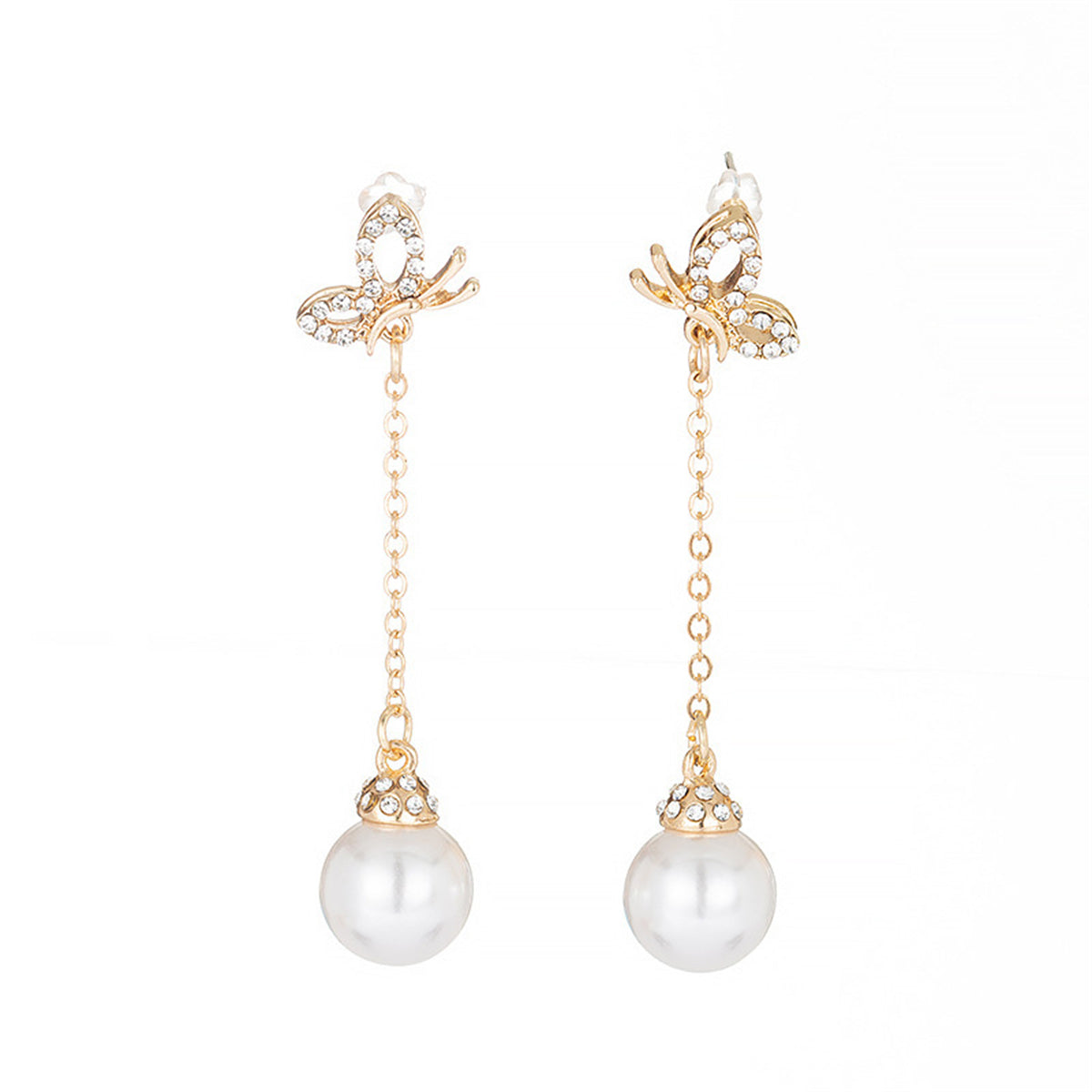 Pearl and Cubic Zirconia 18K Gold-Plated Butterfly Ball Drop Earrings, gold drop earrings for women, side view