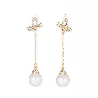 Pearl and Cubic Zirconia 18K Gold-Plated Butterfly Ball Drop Earrings, gold drop earrings for women, side view