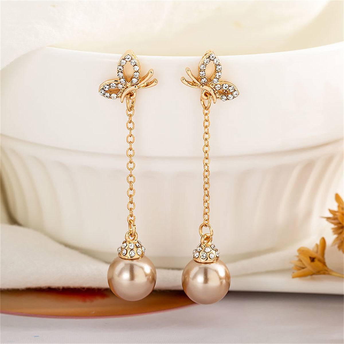 Champagne Pearl and Cubic Zirconia 18K Gold-Plated Butterfly Drop Earrings, gold drop earrings for women, front view