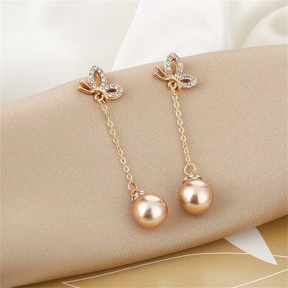 Champagne Pearl and Cubic Zirconia 18K Gold-Plated Butterfly Drop Earrings, gold drop earrings for women, side view