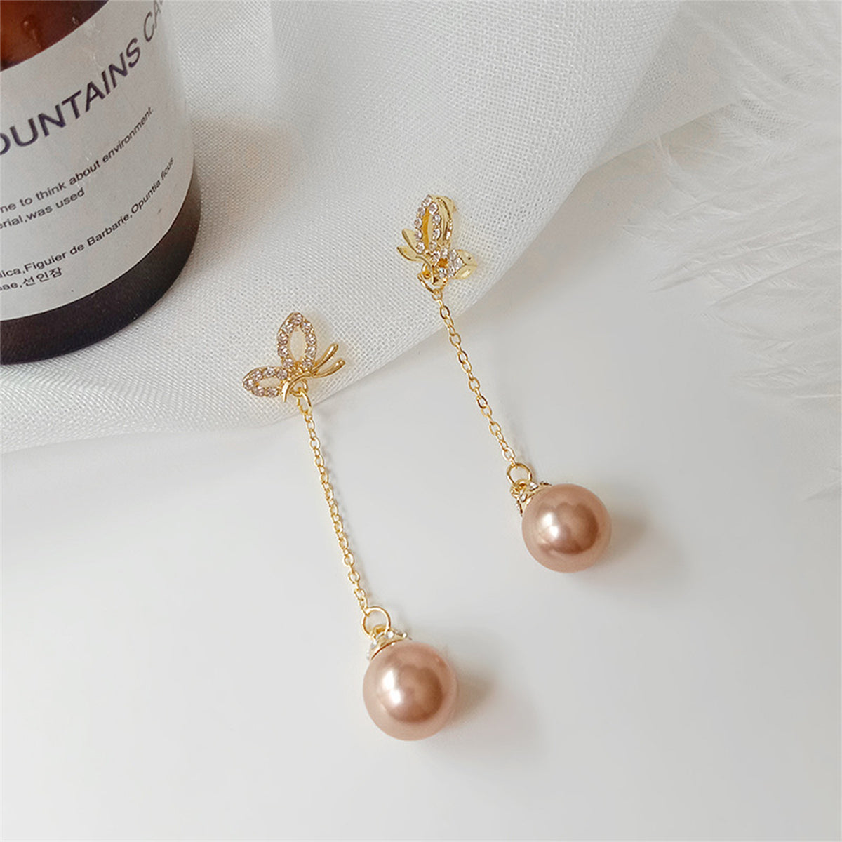 Champagne Pearl and Cubic Zirconia 18K Gold-Plated Butterfly Drop Earrings, gold drop earrings for women, detail close-up