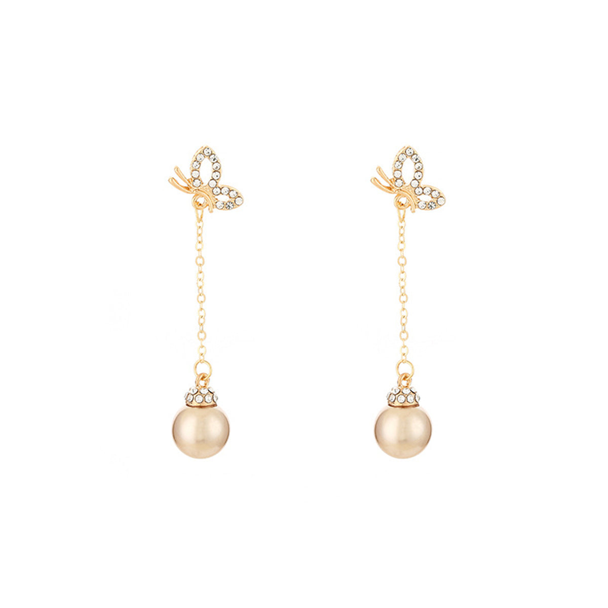 Champagne Pearl and Cubic Zirconia 18K Gold-Plated Butterfly Drop Earrings, gold drop earrings for women, lifestyle look