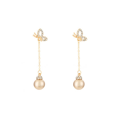 Champagne Pearl and Cubic Zirconia 18K Gold-Plated Butterfly Drop Earrings, gold drop earrings for women, lifestyle look