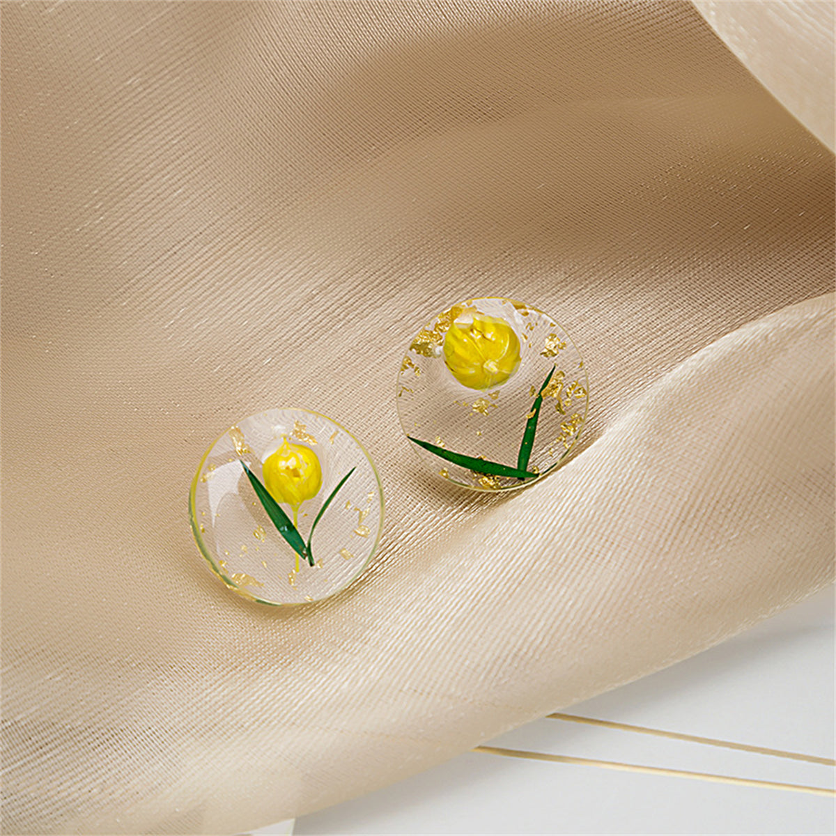 Silver-Plated and Yellow Floral Stud Earrings, silver stud earrings for women, dainty minimalist design, side view