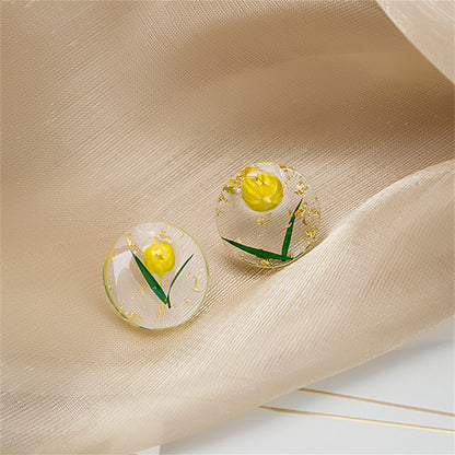 Silver-Plated and Yellow Floral Stud Earrings, silver stud earrings for women, dainty minimalist design, side view