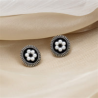 Cubic Zirconia & Pearl Enamel Silver-Plated Flower Stud Earrings