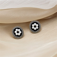 Cubic Zirconia & Pearl Enamel Silver-Plated Flower Stud Earrings