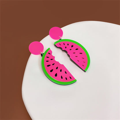Pink and Green Watermelon Drop Earrings, drop earrings for women, vintage-inspired design, front view