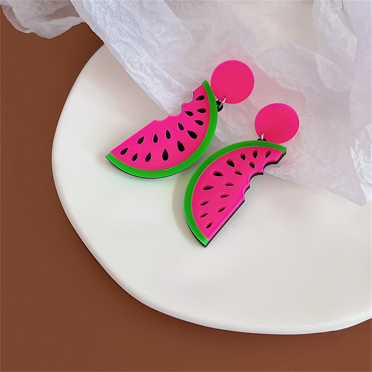 Pink and Green Watermelon Drop Earrings, drop earrings for women, vintage-inspired design, detail close-up