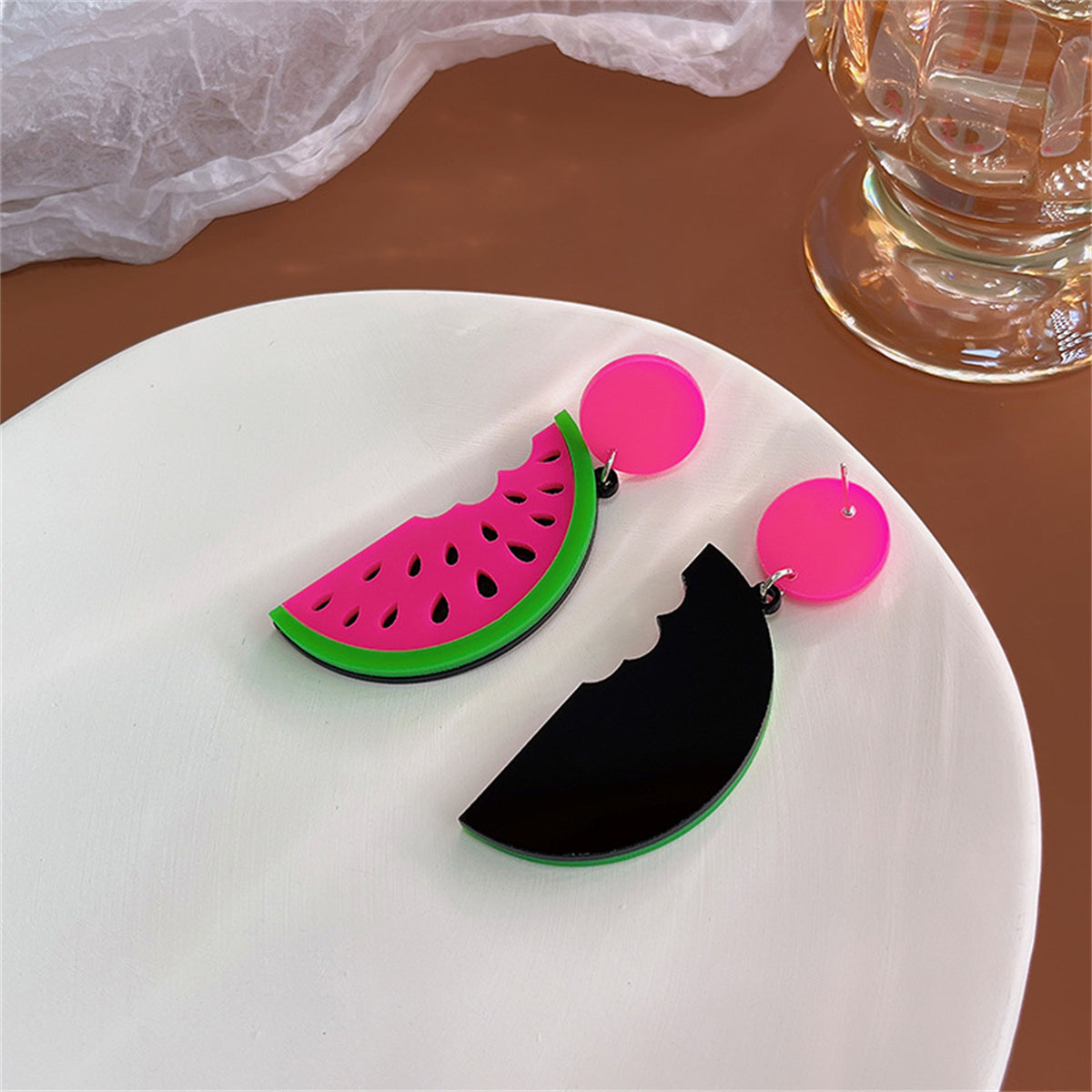 Pink and Green Watermelon Drop Earrings, drop earrings for women, vintage-inspired design, styled look