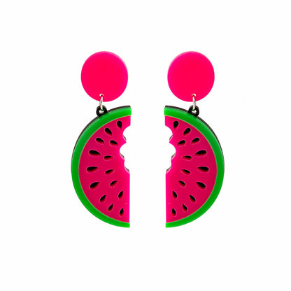 Pink and Green Watermelon Drop Earrings, drop earrings for women, vintage-inspired design, side view