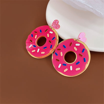 Pink Acrylic and 18K Gold-Plated Doughnut Drop Earrings, gold drop earrings for women, vintage-inspired design, side view