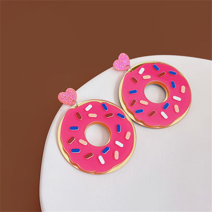 Pink Acrylic and 18K Gold-Plated Doughnut Drop Earrings, gold drop earrings for women, vintage-inspired design, front view