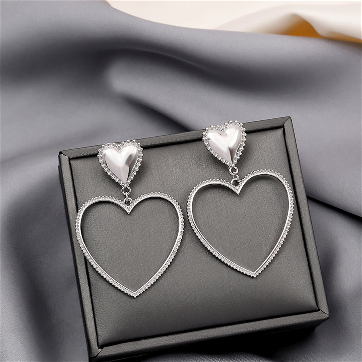 Silver-Plated Open Heart Drop Earrings, silver drop earrings for women, elegant gift for her, lifestyle look