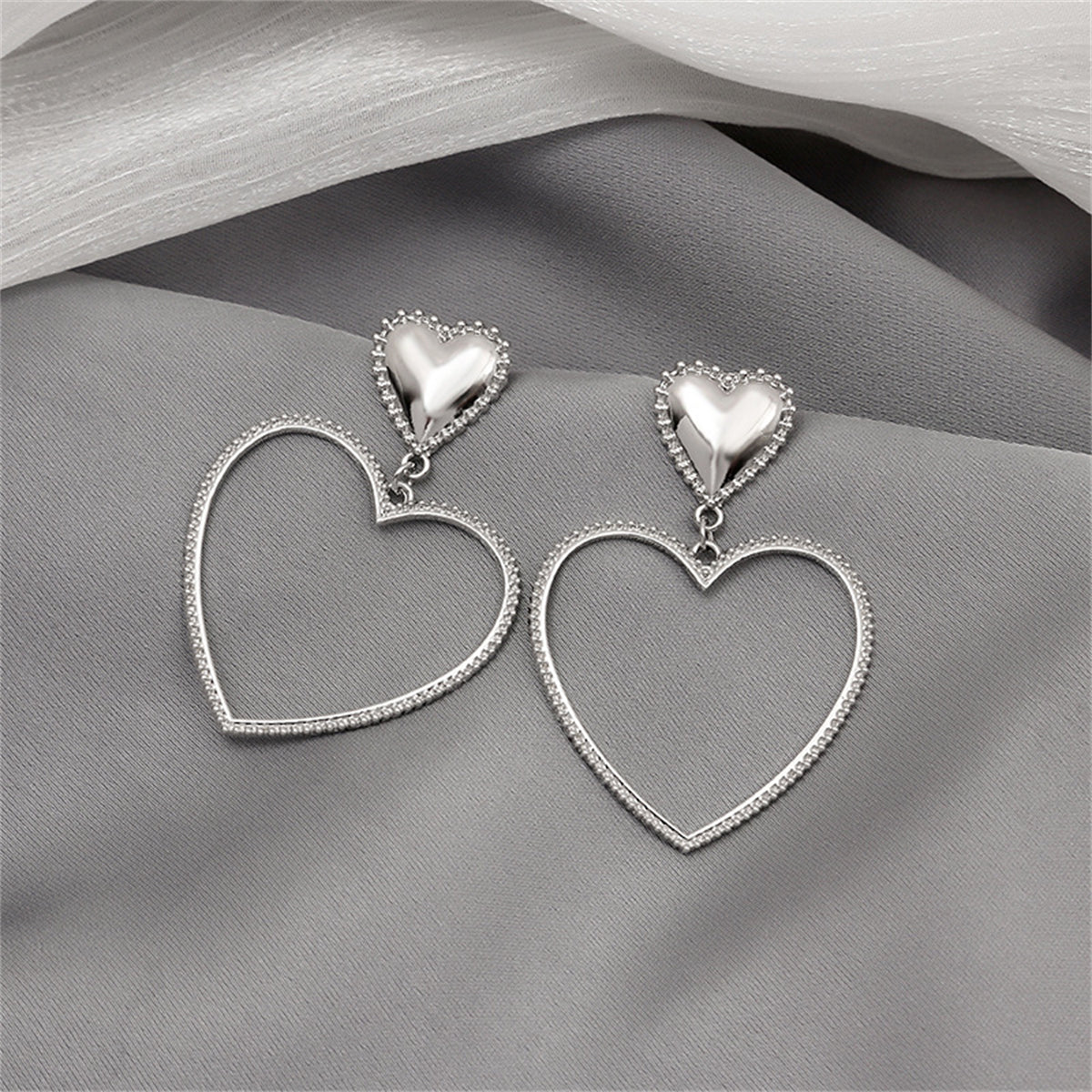 Silver-Plated Open Heart Drop Earrings, silver drop earrings for women, elegant gift for her, styled look