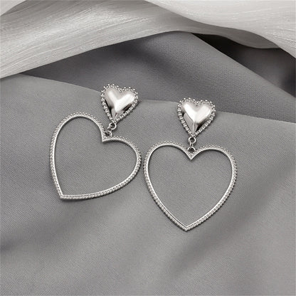 Silver-Plated Open Heart Drop Earrings, silver drop earrings for women, elegant gift for her, styled look