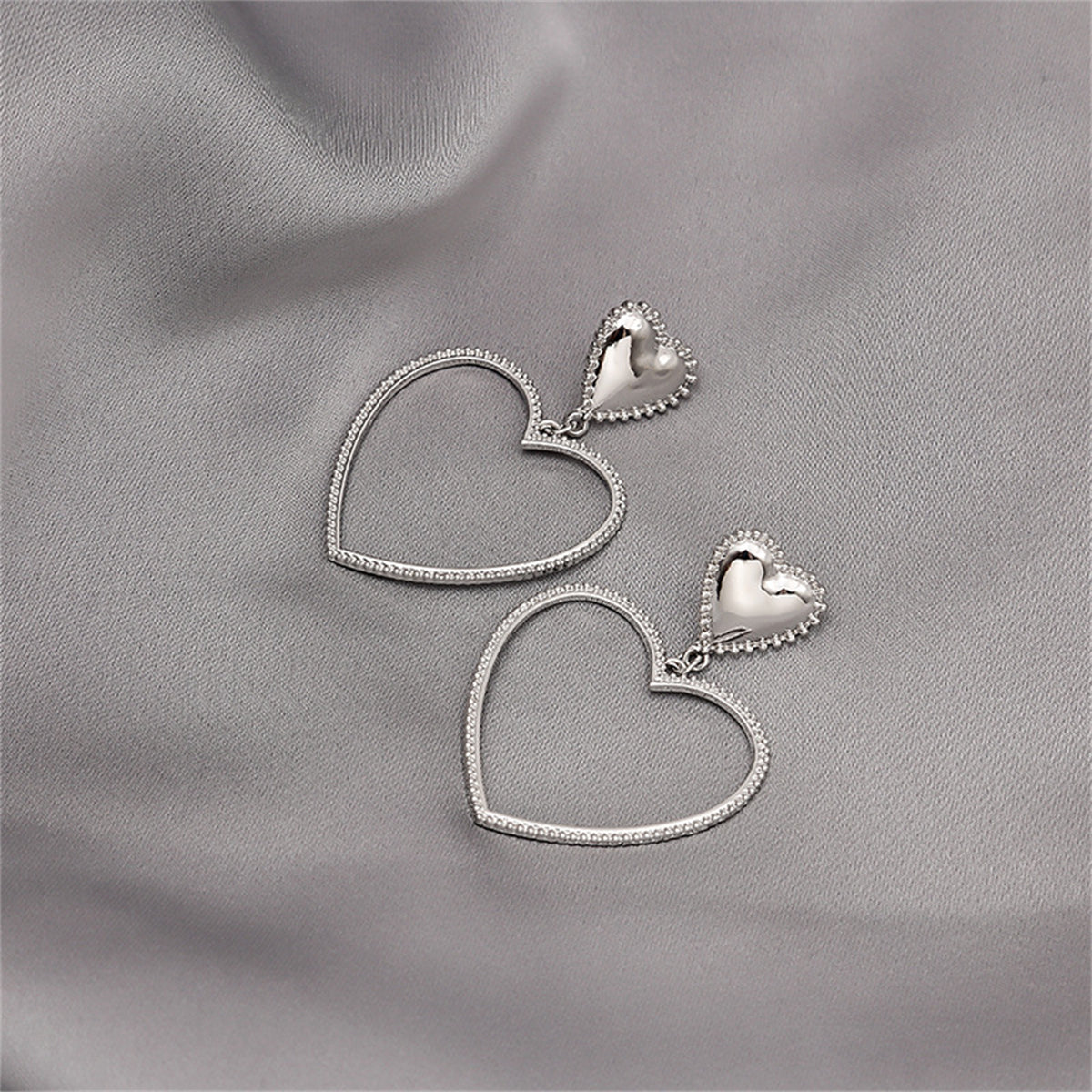 Silver-Plated Open Heart Drop Earrings, silver drop earrings for women, elegant gift for her, side view