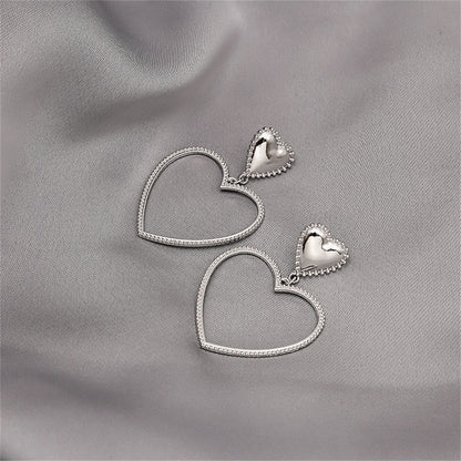 Silver-Plated Open Heart Drop Earrings, silver drop earrings for women, elegant gift for her, side view