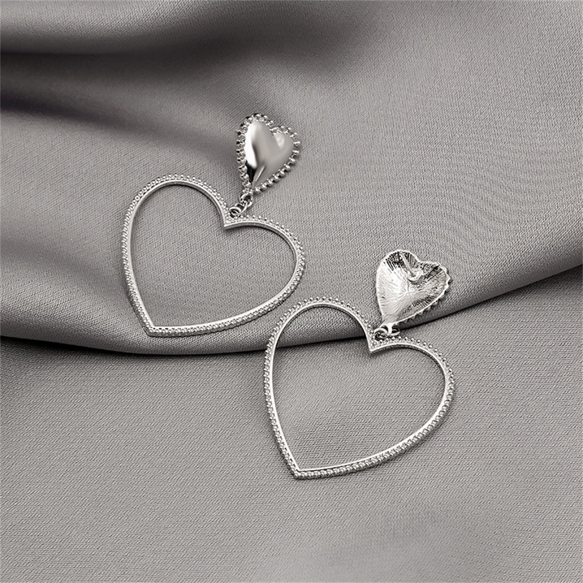 Silver-Plated Open Heart Drop Earrings, silver drop earrings for women, elegant gift for her, detail close-up