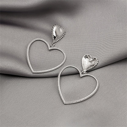 Silver-Plated Open Heart Drop Earrings, silver drop earrings for women, elegant gift for her, detail close-up