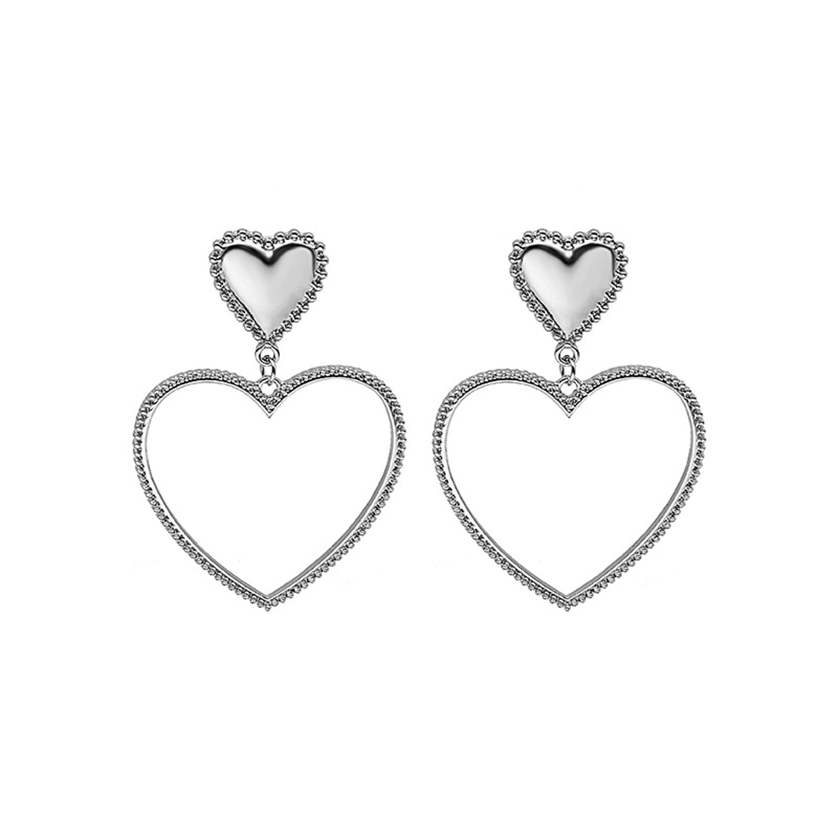 Silver-Plated Open Heart Drop Earrings, silver drop earrings for women, elegant gift for her, front view