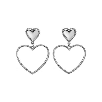 Silver-Plated Open Heart Drop Earrings, silver drop earrings for women, elegant gift for her, front view