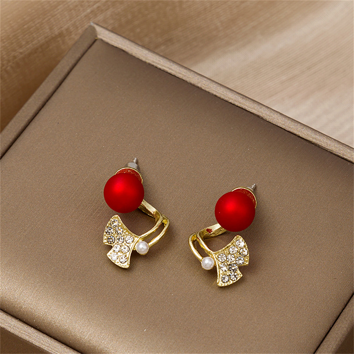 Red Resin & Cubic Zirconia Ginkgo Leaf Ear Jackets