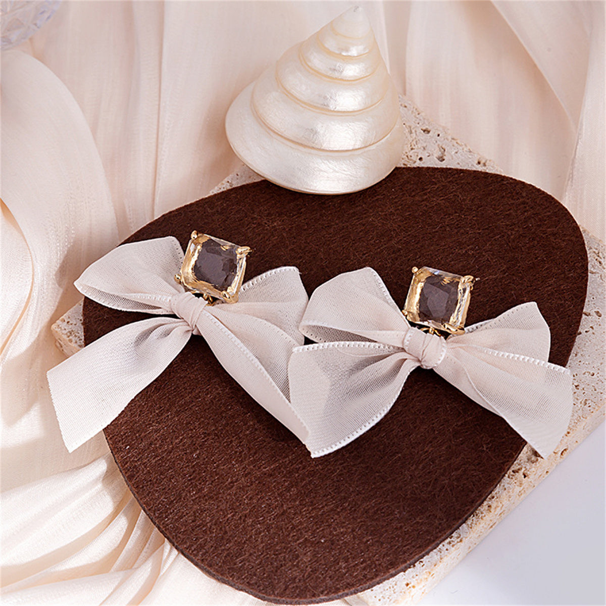Crystal and Polyster 18K Gold-Plated Bow Drop Earrings, gold drop earrings for women, botanical inspired, front view