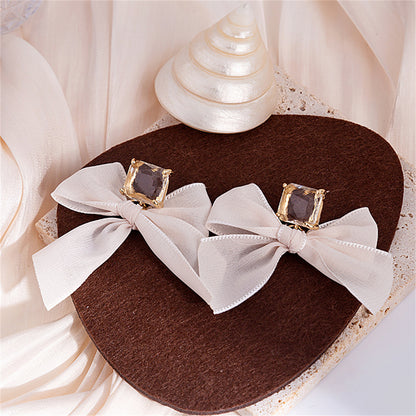 Crystal and Polyster 18K Gold-Plated Bow Drop Earrings, gold drop earrings for women, botanical inspired, front view