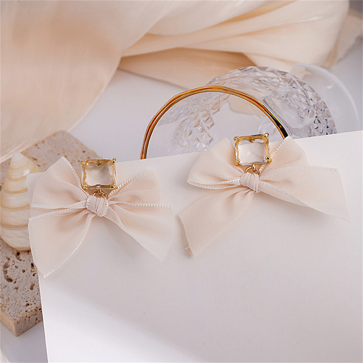 Crystal and Polyster 18K Gold-Plated Bow Drop Earrings, gold drop earrings for women, botanical inspired, side view