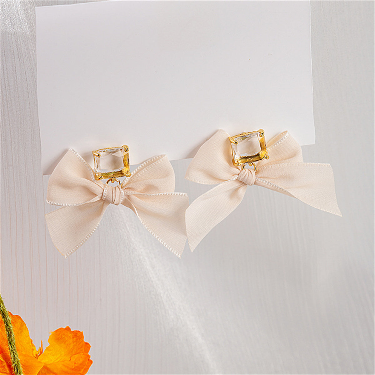 Crystal and Polyster 18K Gold-Plated Bow Drop Earrings, gold drop earrings for women, botanical inspired, lifestyle look