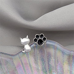 Black Enamel & Silver-Plated Kitty Paw Stud Earrings