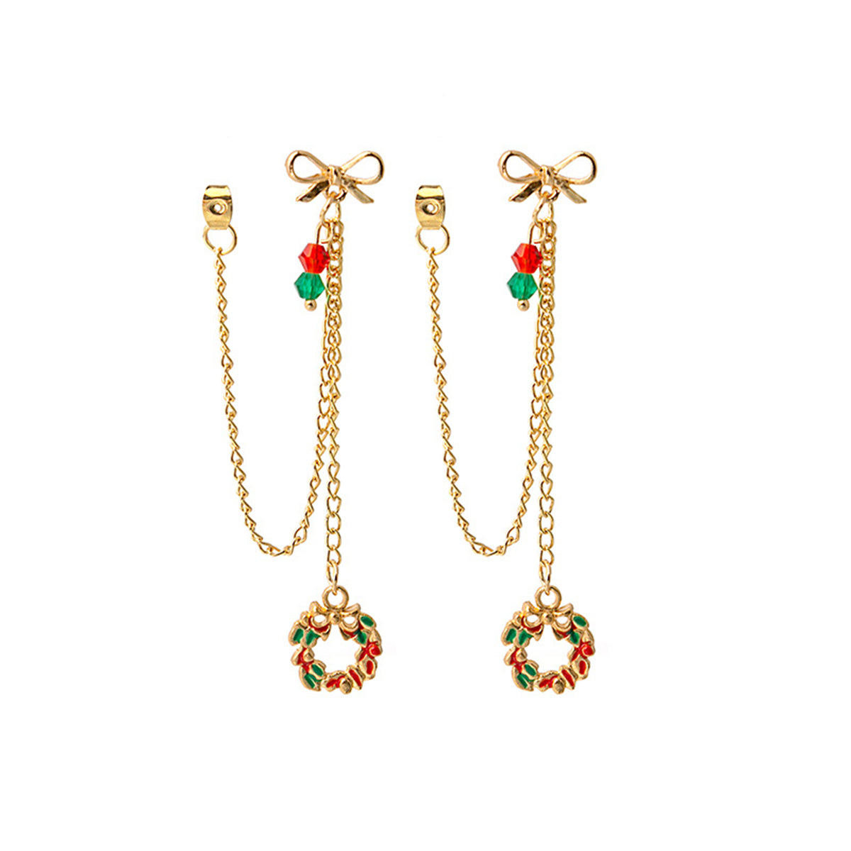 Green Enamel and Acrylic 18K Gold-Plated Bow Wreath Chain Ear Jacket, gold drop earrings for women, front view