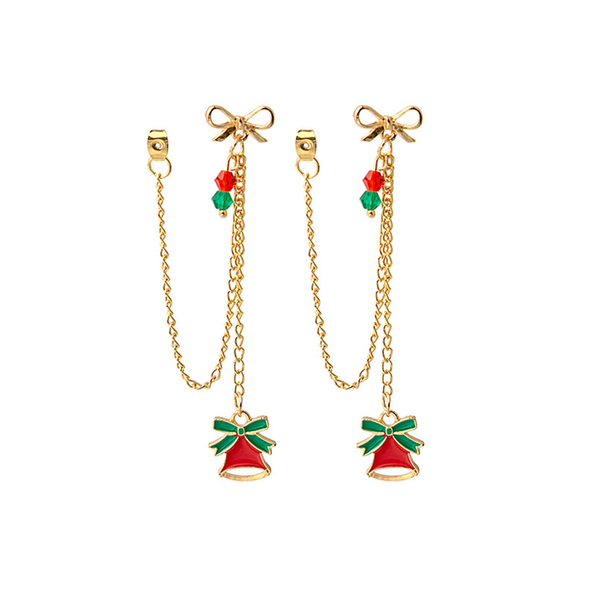 Red Enamel and Acrylic 18K Gold-Plated Bow Bell Chain Ear Jackets, gold drop earrings for women, front view