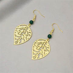 Dark Green Acrylic & 18K Gold-Plated Openwork Leaf Drop Earrings