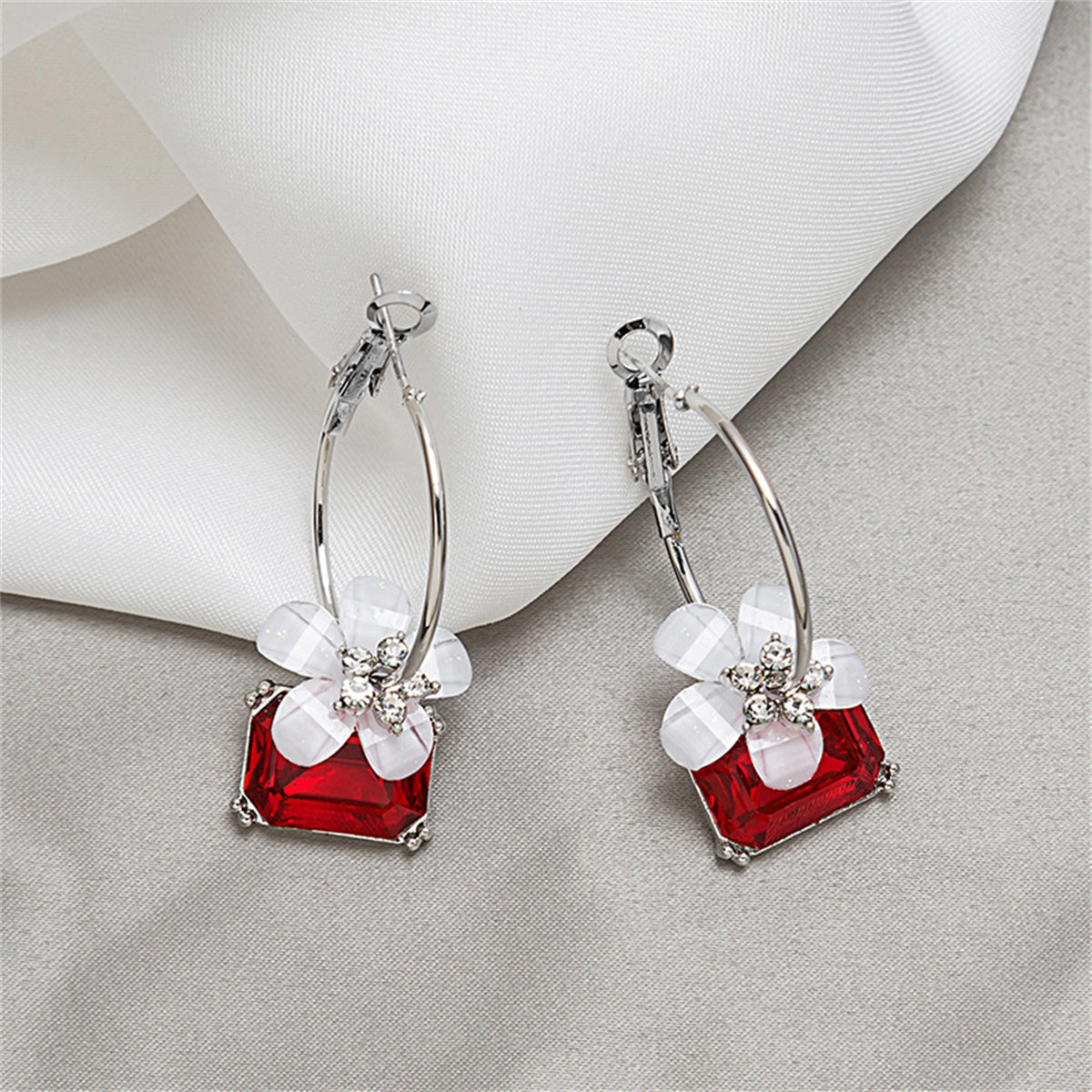 Red Crystal and Cubic Zirconia Floral Hoop Earrings, drop earrings for women, dainty minimalist design, front view