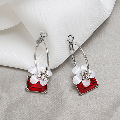 Red Crystal and Cubic Zirconia Floral Hoop Earrings, drop earrings for women, dainty minimalist design, front view