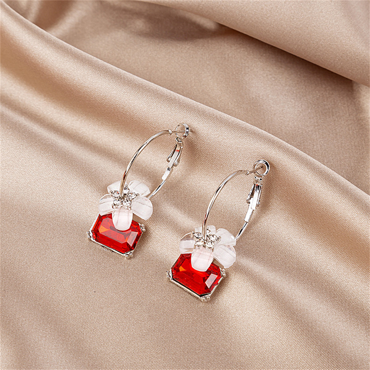 Red Crystal and Cubic Zirconia Floral Hoop Earrings, drop earrings for women, dainty minimalist design, detail close-up