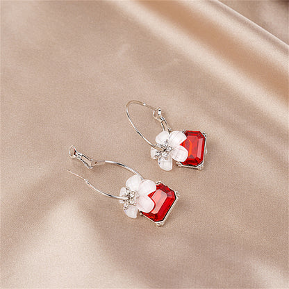Red Crystal and Cubic Zirconia Floral Hoop Earrings, drop earrings for women, dainty minimalist design, side view