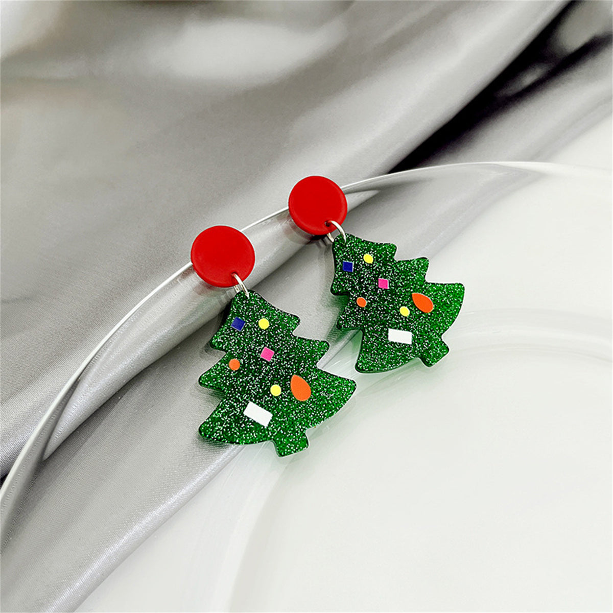 Green and Red Christmas Tree Drop Earrings, drop earrings for women, elegant gift for her, side view