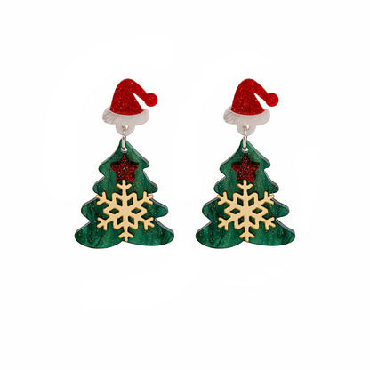 Green Acrylic and Silver-Plated Snowflake Tree Drop Earrings, silver drop earrings for women, front view